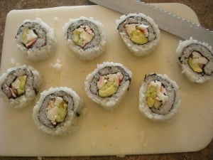 Rice Outside Rolls All Cut on Cutting Board