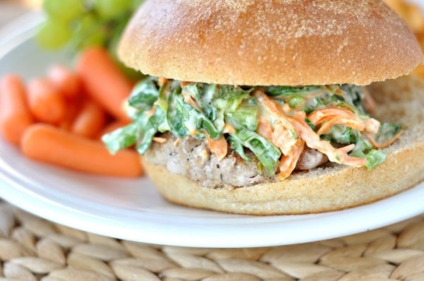 Perfect Turkey Burgers with Romaine and Carrot Slaw