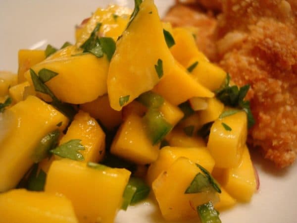 Mango salsa and fried chicken on a white plate.