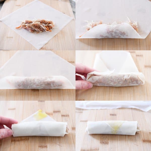 Six step-by-step photos of an egg roll being assembled and wrapped.