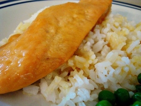 Piece of chicken on a bed of white rice.