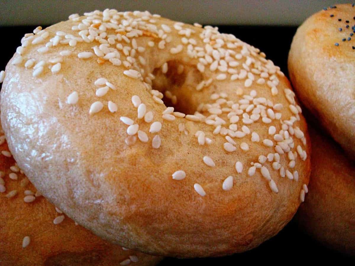 Bagels topped with sesame seeds.