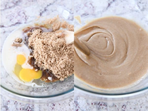 Stirring batter ingredients together in glass bowl.