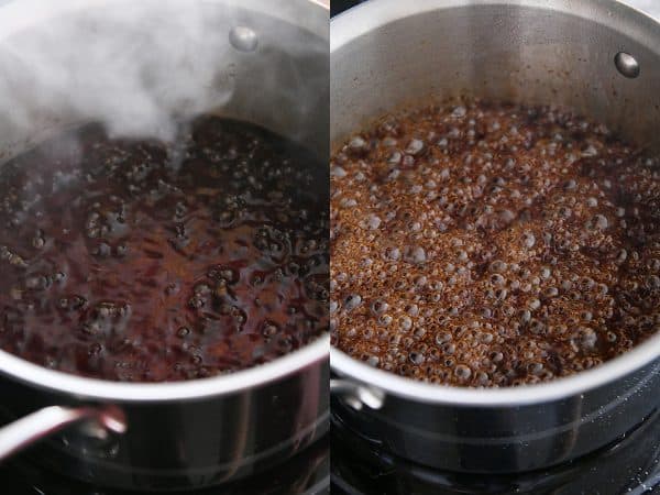 Side-by-side pictures of pots of teriyaki sauce cooking. 