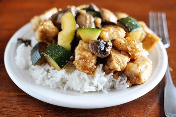 Chicken and zucchini on white rice.