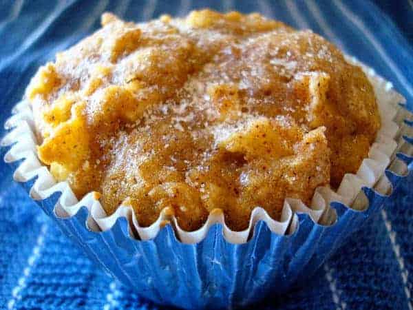 Pumpkin muffin in shiny blue liner.