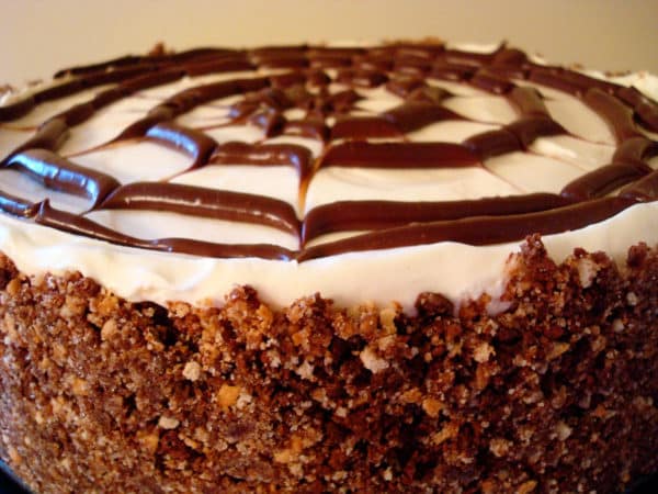 Side view of cheesecake with a chocolate spiderweb on top.