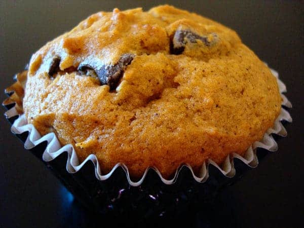 pumpkin chocolate chip muffin in blue muffin liner