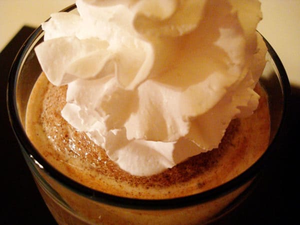 Top view of whipped cream topped frozen hot chocolate.