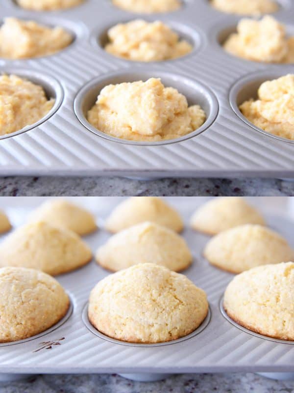 Baked and unbaked cornbread muffins.