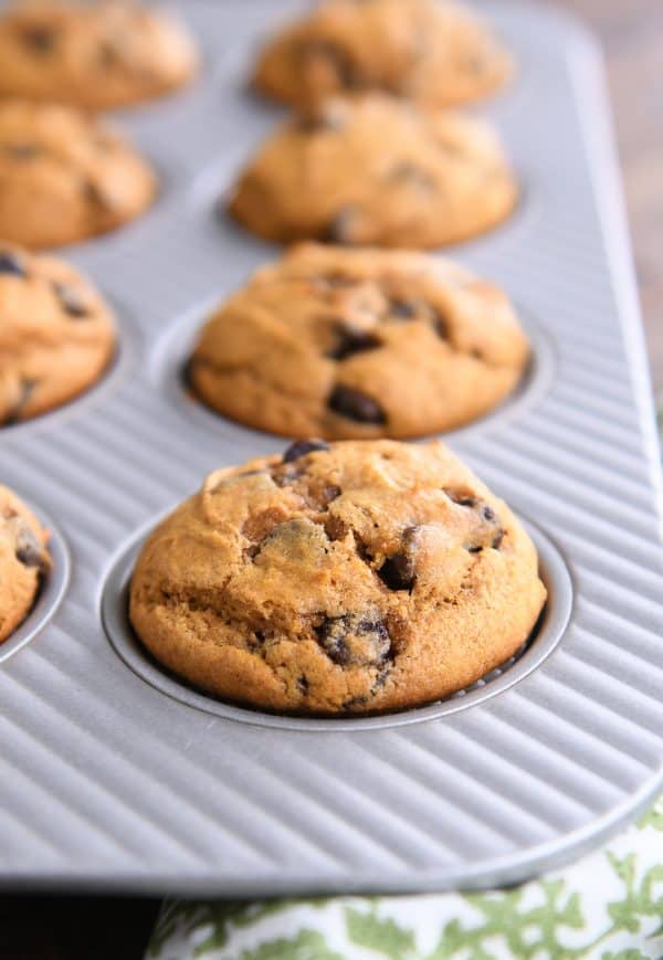 Pumpkin chocolate chip muffin in muffin tin.