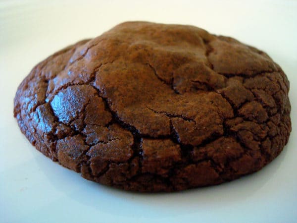 Chocolate cookie on white plate.