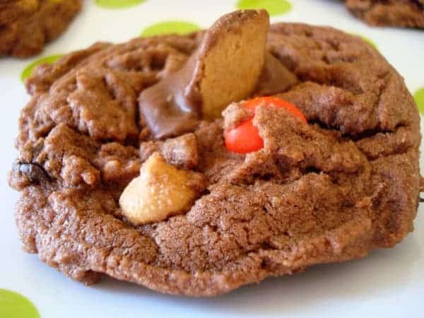 Chocolate peanut butter cup cookie on a white plate.