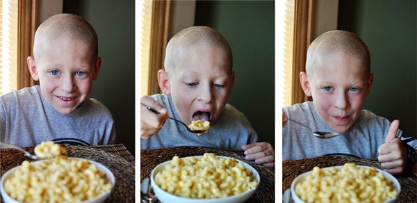 Little boy eating a bite of macaroni and cheese in 3 successive pictures.