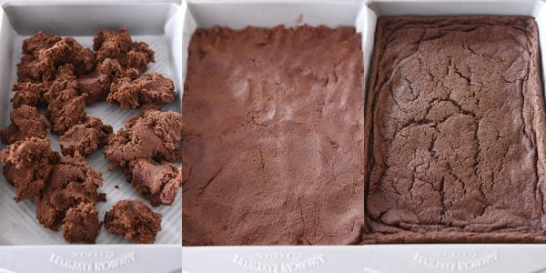 Pressing brownie batter into 9X13-inch pan.