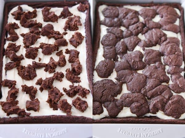 side by side of unbaked and baked pans of black and white cheesecake brownies