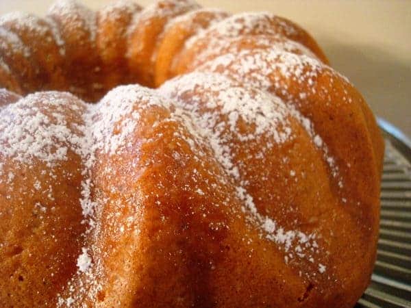 Lemon bundt cake with powdered sugar on top.