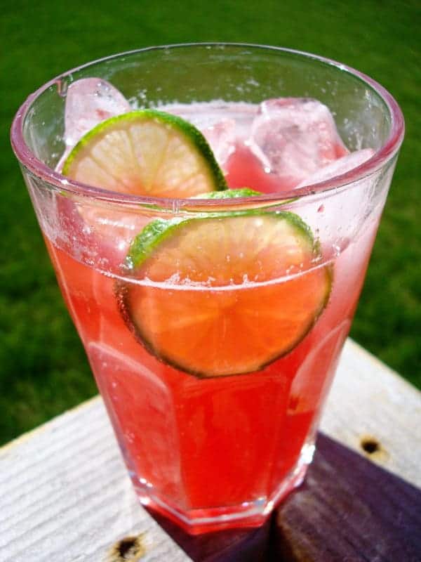 Glass cup with raspberry drink and lime slices.