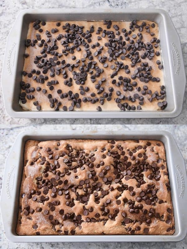 9X13-inch pan of unbaked cake batter and 9X13-inch pan of baked cake batter