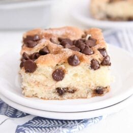 square slice of chocolate chip cake on white plate