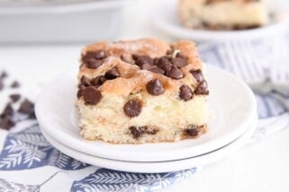 square slice of chocolate chip cake on white plate