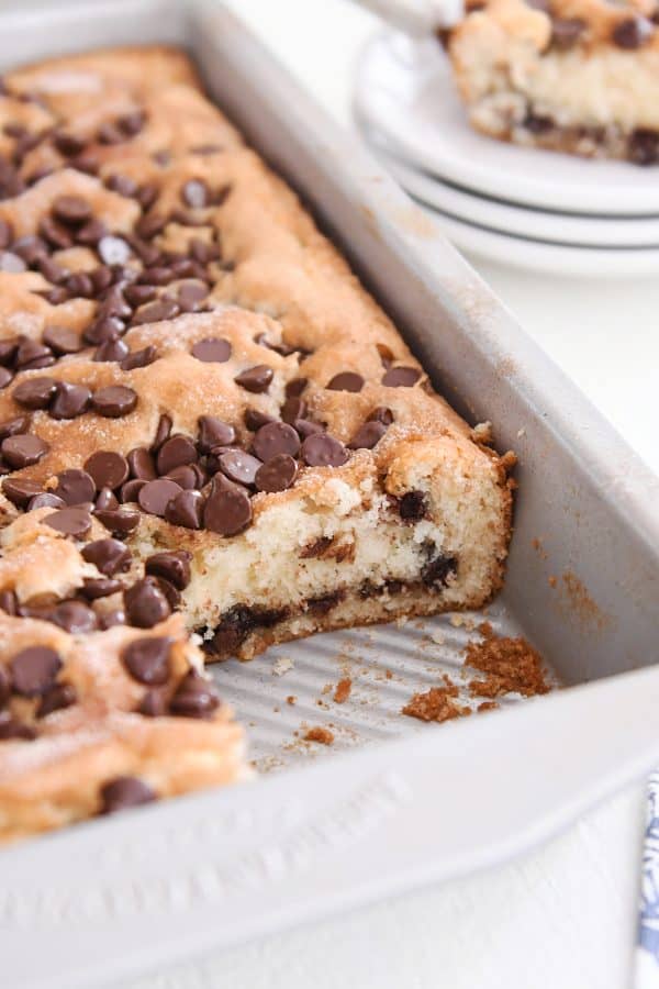 9X13-inch pan of chocolate chip cake with piece cut out