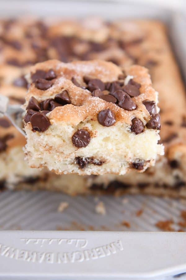 Spatula holding square piece of chocolate chip cake.