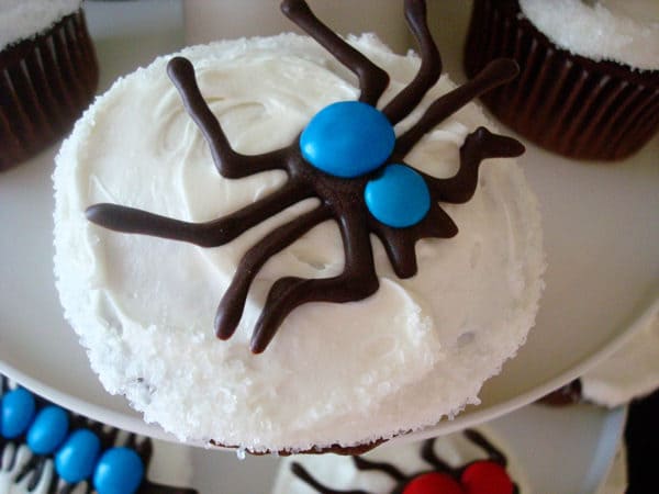 white frosted cupcake with a chocolate and M&M spider on top