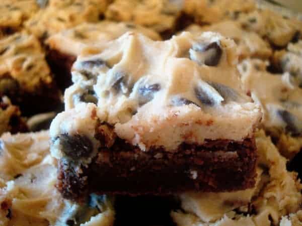 Brownies topped with cookie dough frosting.