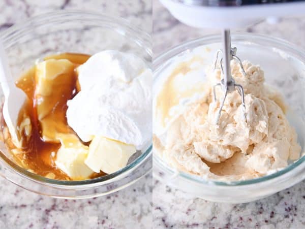 Mixing up ingredients for fluffy honey butter in glass bowl.