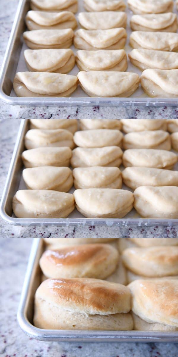 Fluffy 2-hour Parker house rolls rising on sheet pan.