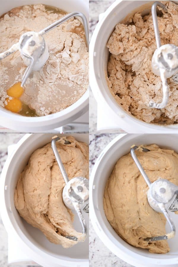 Mixing the dough for fluffy 2-hour Parker house rolls in Bosch mixer.