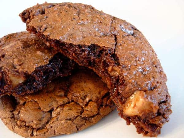 Chocolate toffee cookie split in half.