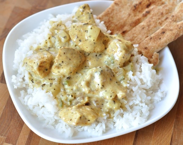 chicken and creamy coconut sauce over white rice