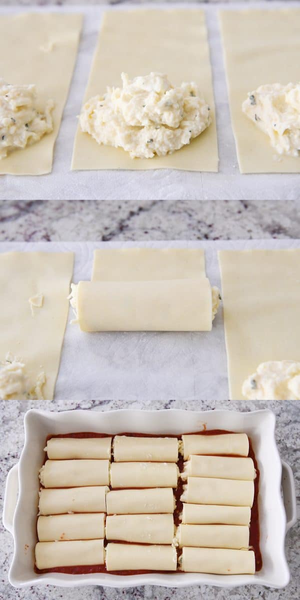 rolling up manicotti shells with cheesy ricotta filling