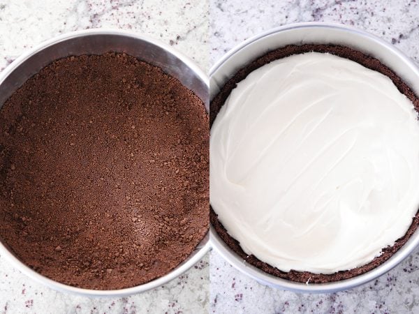 Chocolate crust in springform pan, cheesecake batter spread over chocolate crust.