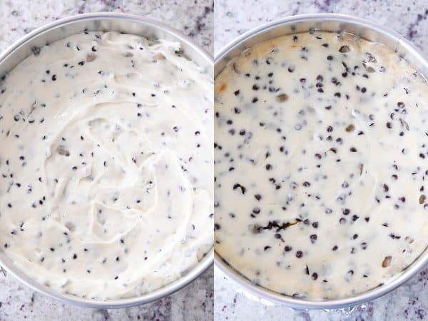 Baked and unbaked chocolate chip cookie dough cheesecake.