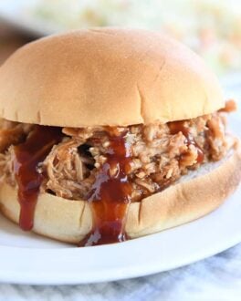 BBQ pork sandwich on bun on white plate