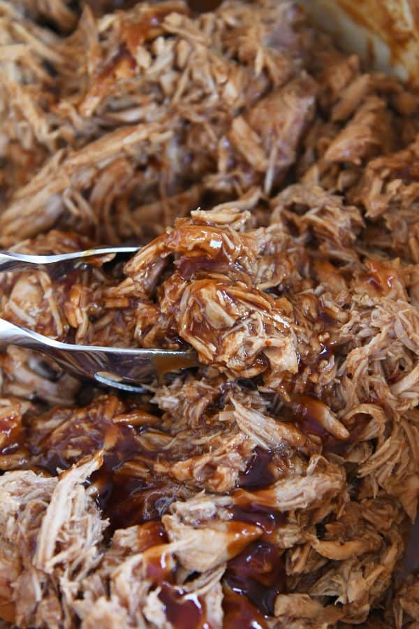 cooked shredded BBQ pork with BBQ sauce