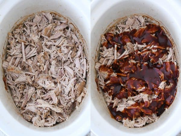 shredded pork in slow cooker with BBQ sauce