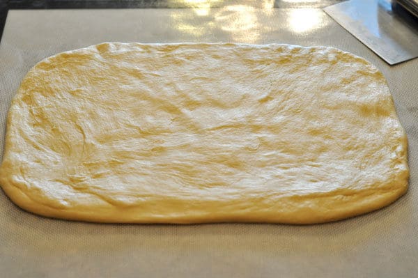 Uncooked bread dough rolled into a rectangle shape.