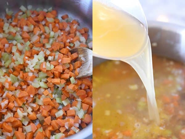 Pouring broth into vegetables for cream cheese chicken vegetable soup.