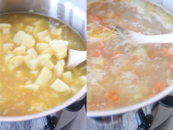Adding potatoes to cream cheese chicken vegetable soup.