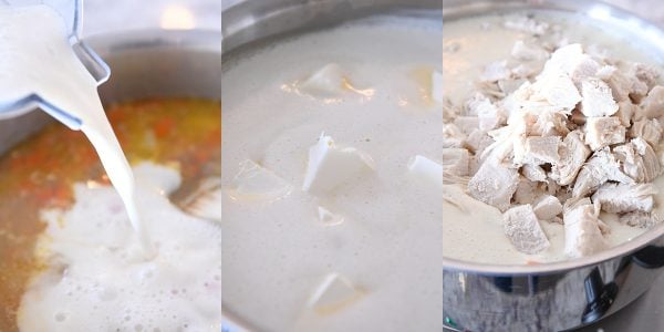 Adding milk, cream cheese, and chicken to soup.