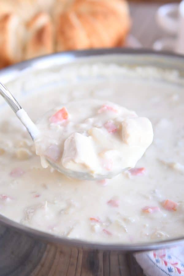 Ladle of cream cheese chicken vegetable soup.