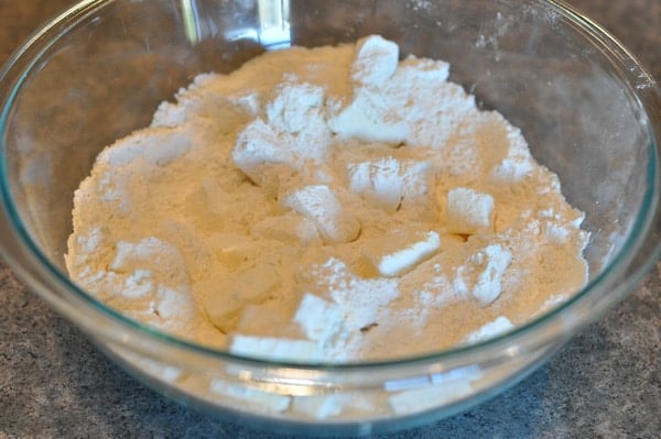 butter cubes tossed with flour in a glass bowl