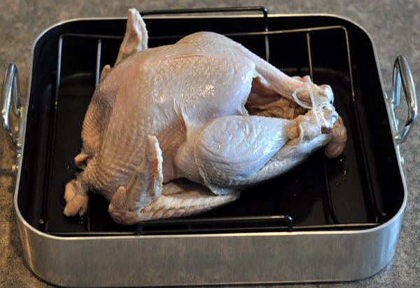 raw whole turkey in a roasting pan