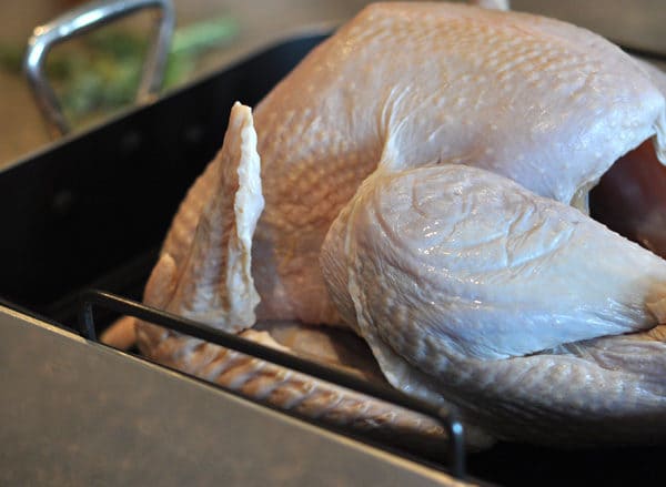 side view and closeup of a raw turkey in a roasting pan