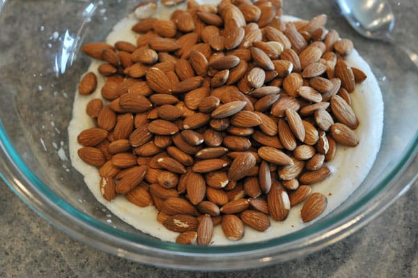 almonds on top of stiff egg whites