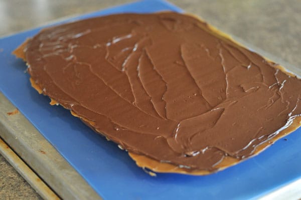 Toffee slab with a layer of chocolate on top.